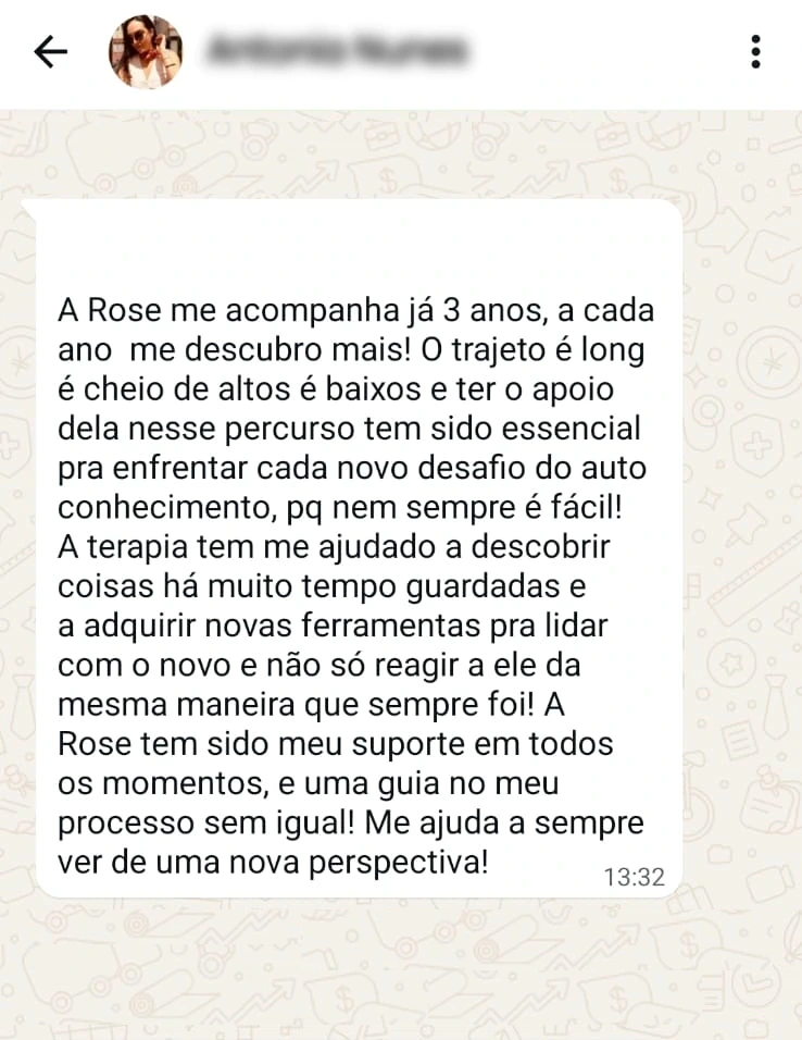 Depoimento de cliente em mensagem de WhatsApp sobre a terapia com Rosemari Johan (2 de 6)